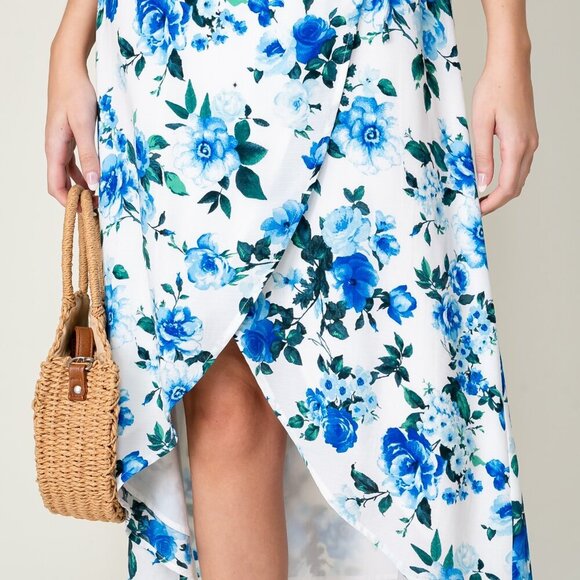 LUMIERE Blue Floral Ruffle Wrap Midi Dress, White Summer Wedding Guest Outfit - Picture 5 of 6